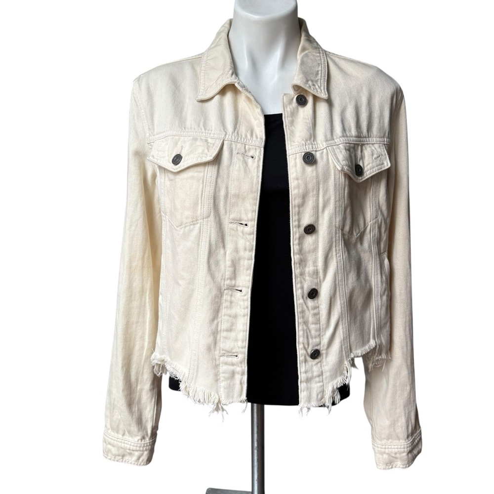 HIDDEN JEANS Rebel Fray Hem Denim Trucker Jacket in Cream, Sz L - Picture 5 of 16